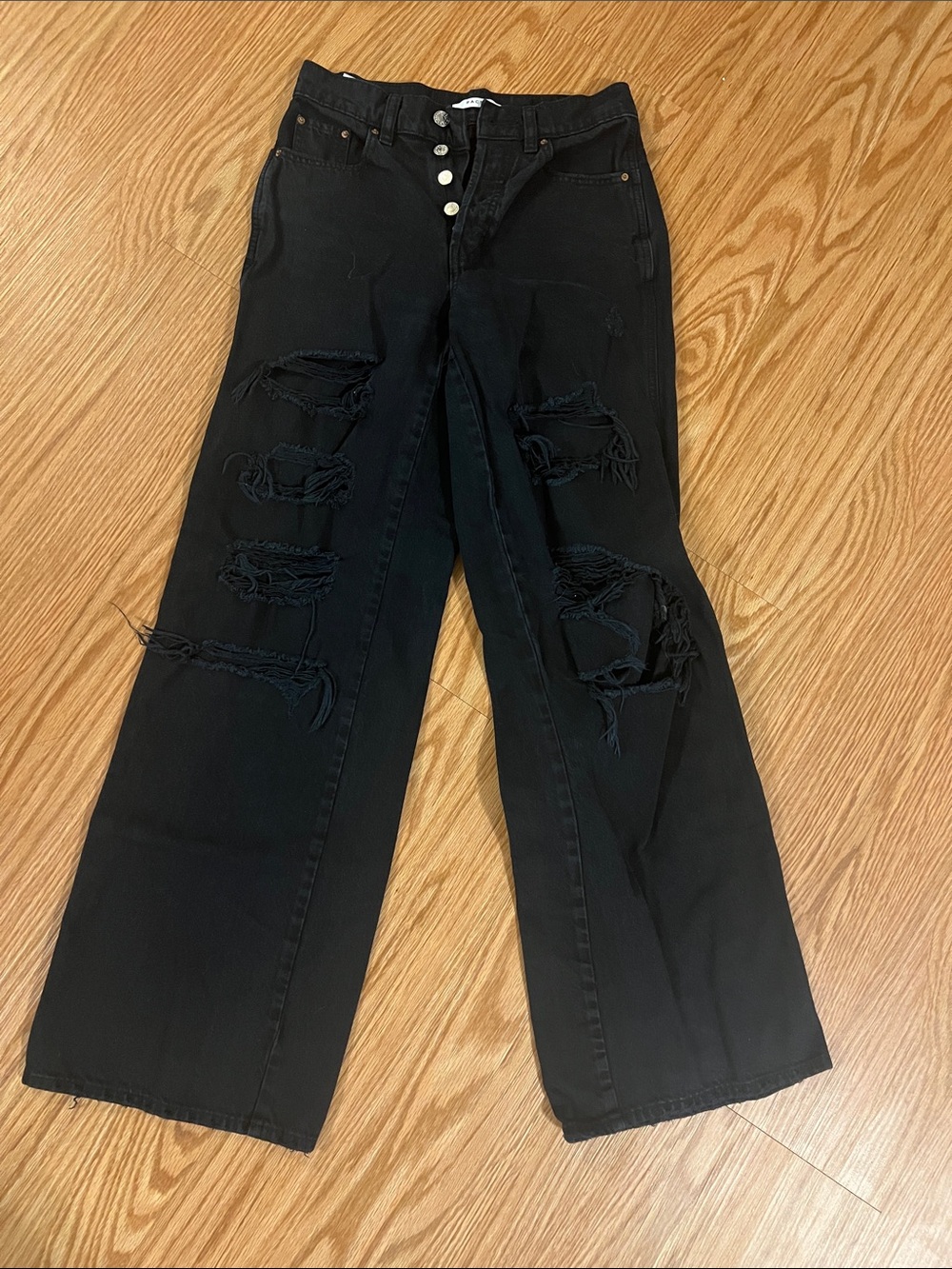 PacSun Black Distressed Wide-Leg Jeans with Button Fly